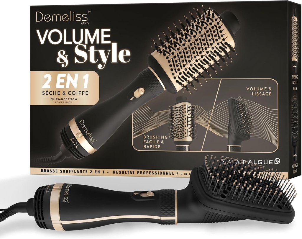 Demeliss SAINT ALGUE - Perie pentru uscator de par 2 in 1 VOLUM & STYLE - Usuca si coafeaza, toate tipurile de par - 2 capete interschimbabile - Invelis ceramic si turmalina - 3 setari de temperatura