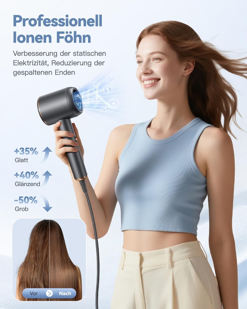 Uscator de par ionic profesional, uscator de par DEWILY cu concentrator difuzor, uscator de par cu uscare rapida de 1800 W cu 2 viteze si 4 setari de caldura, uscator de par de calatorie pentru familii (gri si auriu)