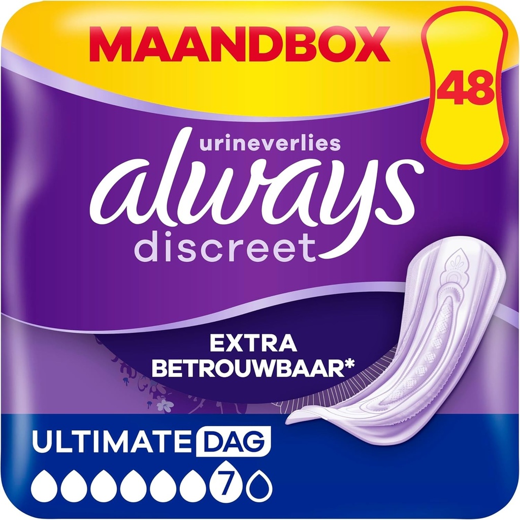 Always Discreet Extra Secure, 48 de absorbante igienice pentru incontinenta feminina, Ultimate Day 6 picaturi, protectie absorbanta pentru scurgeri urinare abundente in timpul zilei, pachet pentru 1 luna