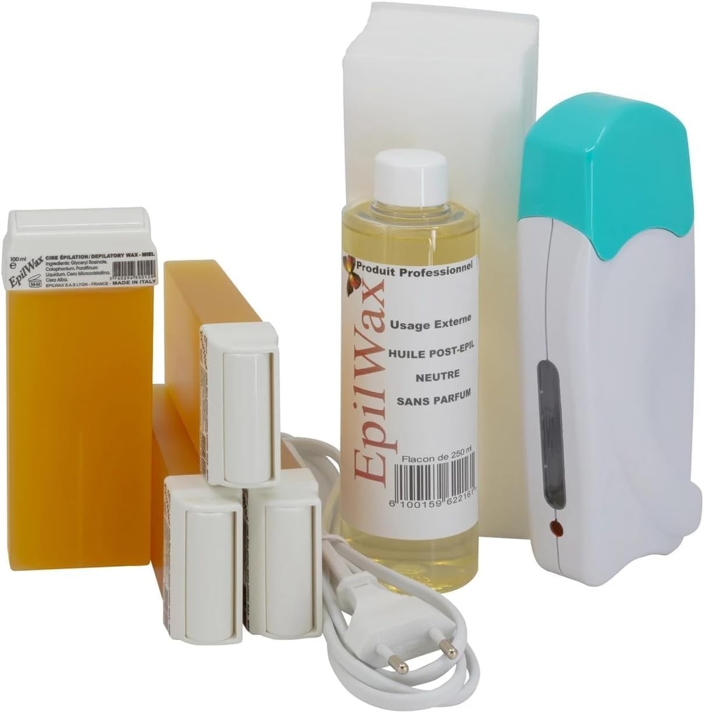 EpilWax - Kit profesional pentru incalzirea cerii cu 4 rezerve roll-on cu miere, 100 benzi de epilare si ulei dupa epilare - Gama Basic Solo