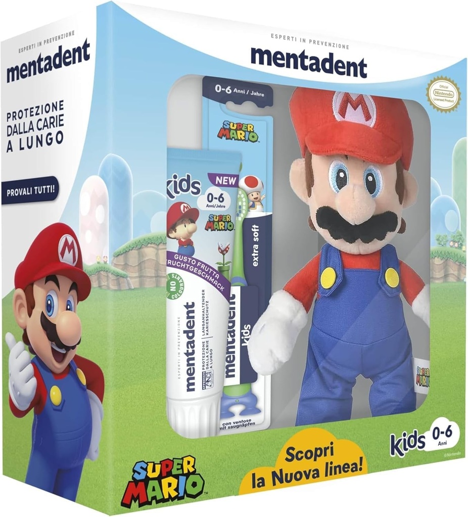 Mentadent, Super Mario Kids, Kit periuta de dinti si pasta de dinti pentru copii 0-6 ani, Contine pasta de dinti pentru copii, Aroma de fructe, Periuta de dinti pentru copii, Ideala pentru dintii de lapte, Jucarie de plus Super Mario