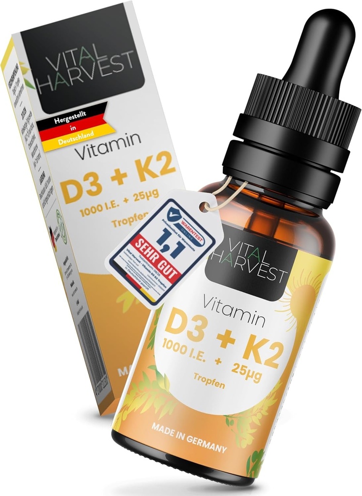 Vital Harvest® Picaturi Premium Vitamina D3 K2 1000 UI 50ml | Doza mare de D3 si K2 MK-7 | Vitamina D3 + Vitamina K2 MK7 vegana, testata in laborator, fabricata in Germania - fara aditivi