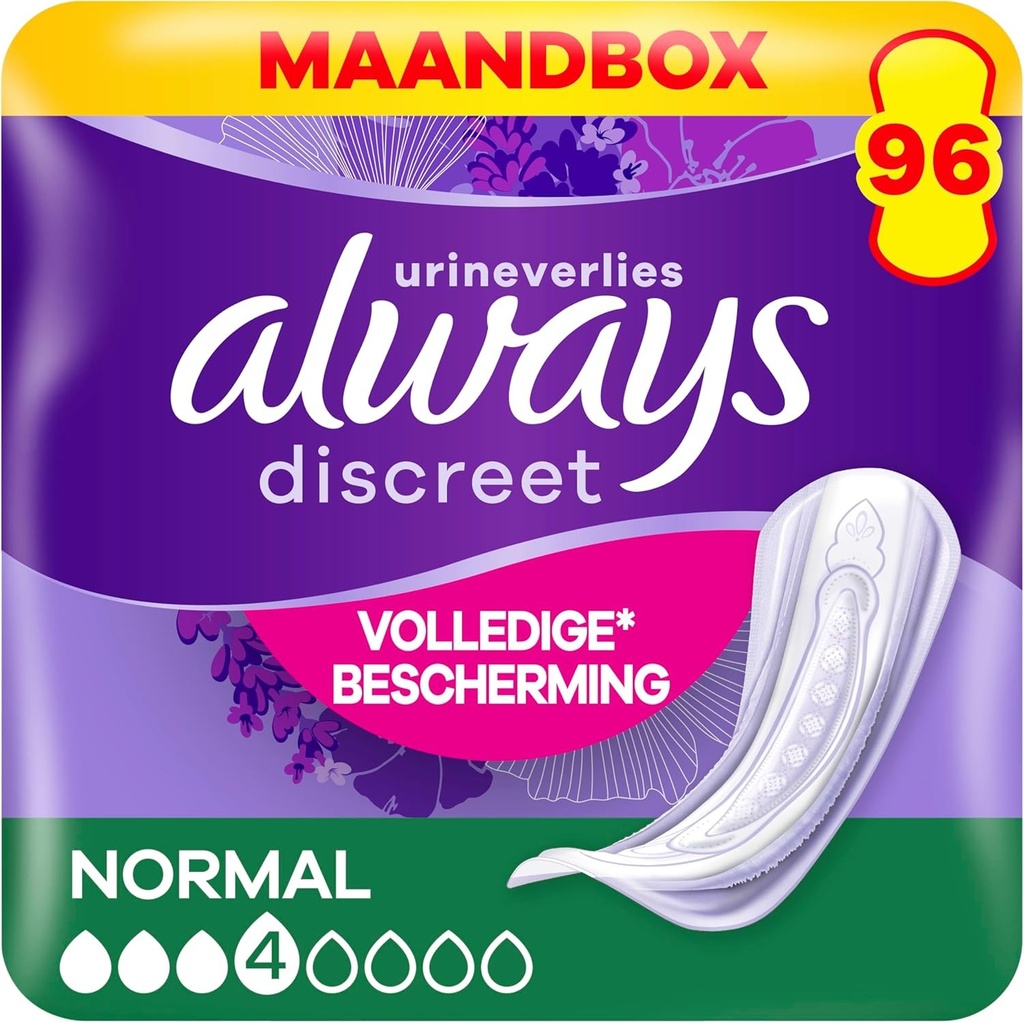 Absorbante Always Discreet pentru incontinenta normala, 96 de absorbante (4 x 24 bucati), pachet lunar, protectie discreta si absorbtie ridicata, neutralizeaza mirosurile (Ambalajul poate varia)