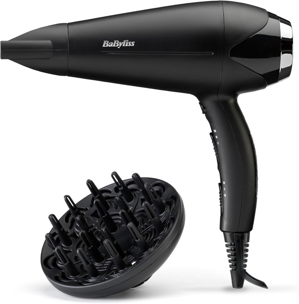 Uscator de par BaByliss Turbo Smooth - Uscator de par puternic de 2200 W, difuzor larg, tehnologie ionica anti-incretire, 3 setari de temperatura si 2 setari de viteza, negru, D572DE