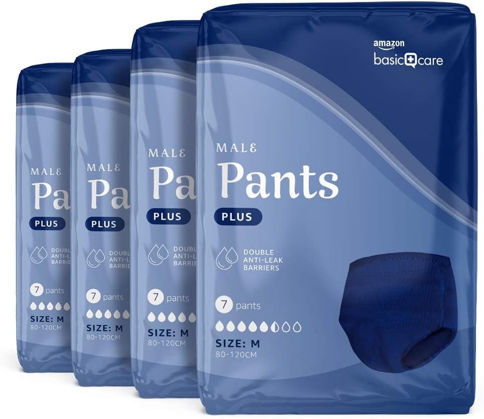 Pantaloni pentru barbati Amazon Basic Care Plus Medium – 4 pachete de 7 (28 de pantaloni), albastri