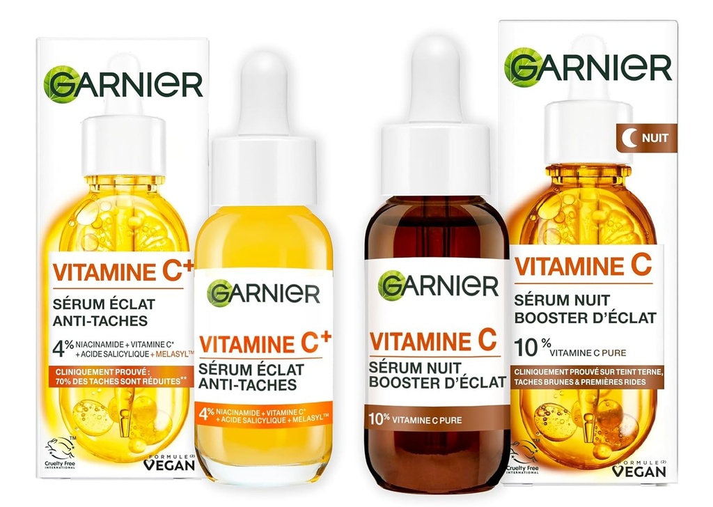 Garnier Skin Active - Set Ser de Zi Corectare a Petelor Intunecate + Ser de Noapte Stimulant pentru Luminozitate - Ingrijire Faciala Imbogatita cu Vitamina C - Vegan si Fara Crueltate - Toate Tipurile de Ten - 2 x 30 ml