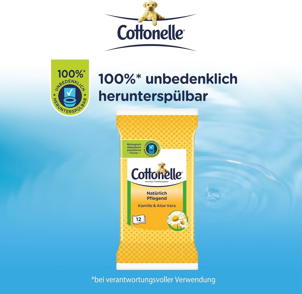 Hartie igienica umeda Cottonelle pentru calatorii, ingrijire naturala - Musetel si Aloe Vera, dizolvare rapida, pachet economic de 20 x 12 servetele, biodegradabila
