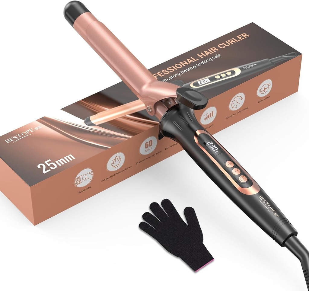 Ondulator BESTOPE MIX 25 mm, ondulator multi-temperatura, ondulator pentru bucle mari, ondulator de par cu incalzire rapida, ondulator cu control precis al temperaturii in trepte de cinci grade, cu manusa