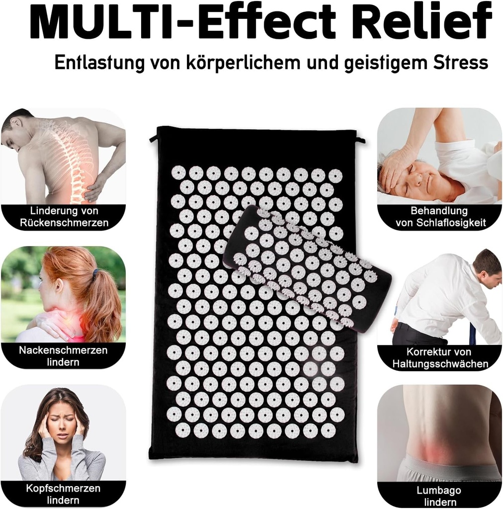 Saltea de presopunctura, saltea de acupunctura, saltea de presopunctura pentru ameliorarea durerilor de gat si spate, set de saltele de presopunctura pentru relaxarea musculara si reducerea stresului, saltea shiatsu pentru ameliorarea sciaticii, alb-negru