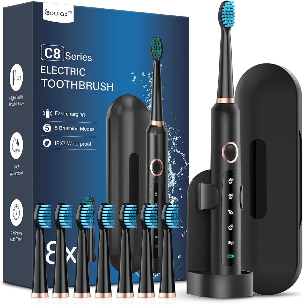 Periute de dinti electrice sonice cu 8 capete de periuta - Periuta de dinti electrica pentru adulti cu husa de calatorie, 5 moduri si impermeabilitate IPX7, periute de dinti electrice cu ultrasunete pentru familie si calatorii, roz cires