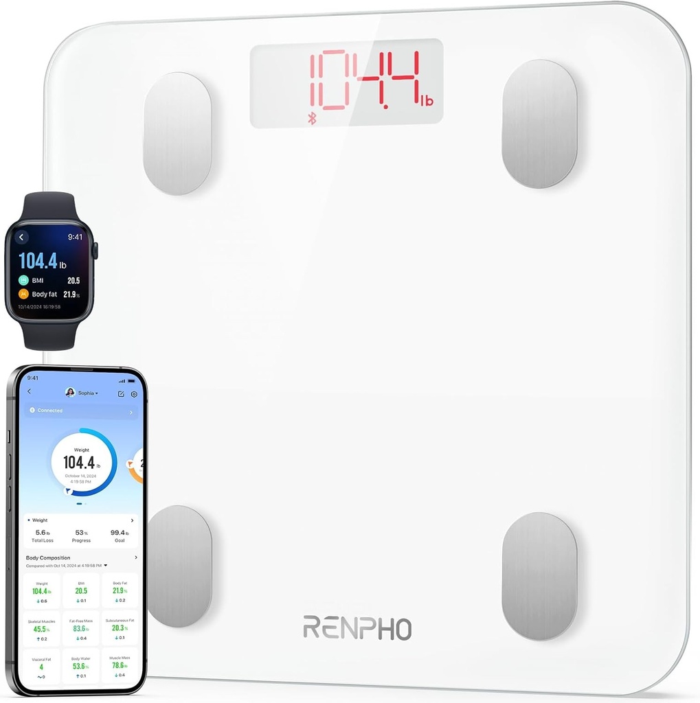 Cantar de baie RENPHO de inalta precizie 180 kg, cantar inteligent Bluetooth cu aplicatie, 13 analize ale compozitiei corporale, baterii incluse