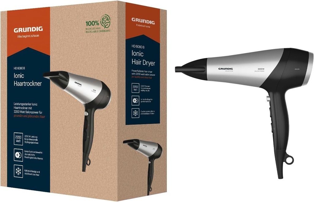 Uscator de par GRUNDIG HD 6080 B, 2200 W, functie ionica, 3 setari de temperatura si 2 setari de flux de aer, jet de aer rece, invelis ceramic, cablu de 1,8 m, negru/argintiu