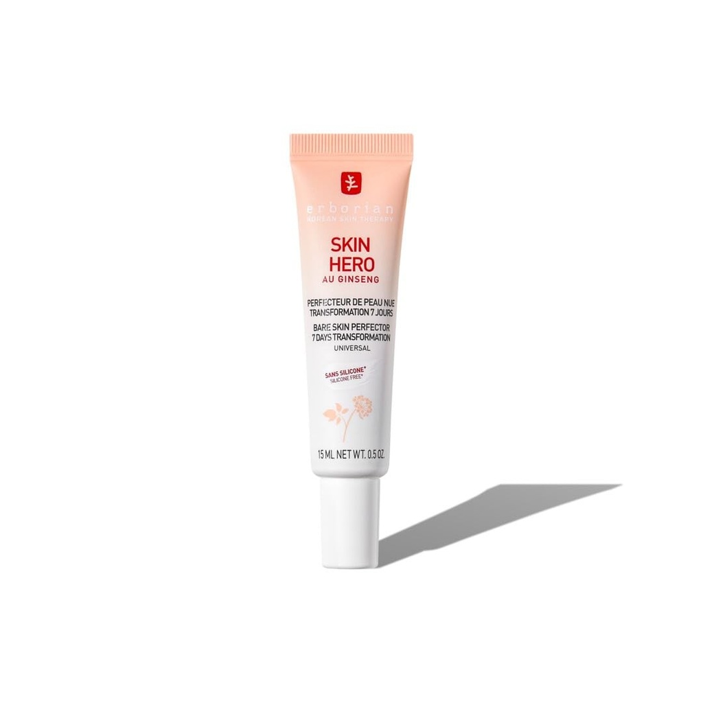 Erborian Skin Hero cu Ginseng Alb - Tratament facial 7 zile Bare Skin Perfecting, fara colorare, cu acid hialuronic - Cosmetica faciala coreeana - Skin Hero - 15 mL