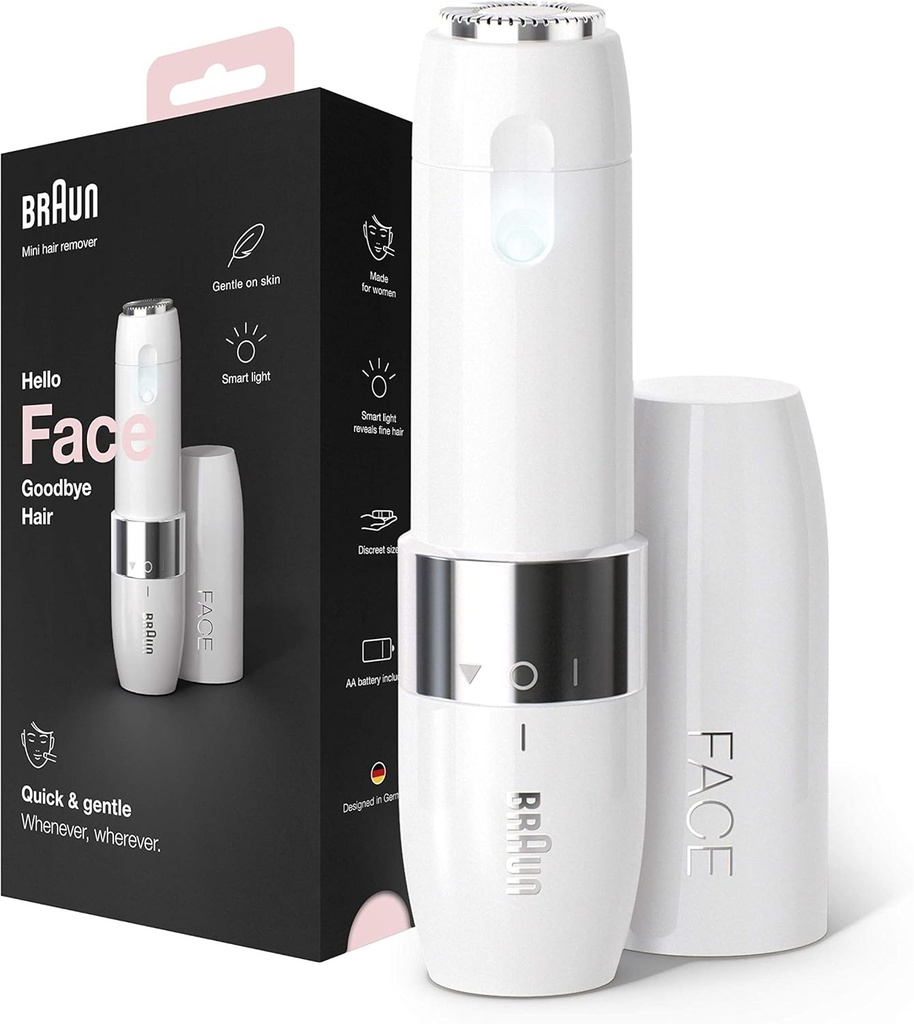 Epilator facial Braun Mini FS1000 pentru femei, cu lumina inteligenta incorporata, epilator facial de precizie, buza superioara, barbie si obraji, alb