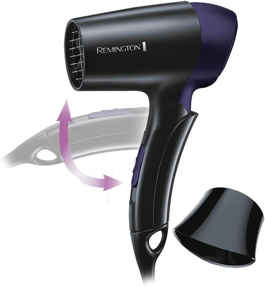 Uscator de par Remington [Extrem de mic si pliabil] pentru calatorii (1400 W, adaptiv la tensiune la nivel mondial 120/220-240 V, duza de coafat, 2 setari combinate de caldura si ventilator) Uscator de par de calatorie D2400