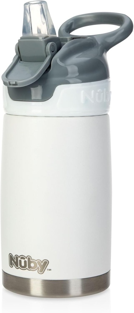 Sticla de apa Nuby Reflex Flip-it | Otel inoxidabil izolat | Etansa | Pentru calatorii si iesiri | 300 ml | Alba | 18+ luni