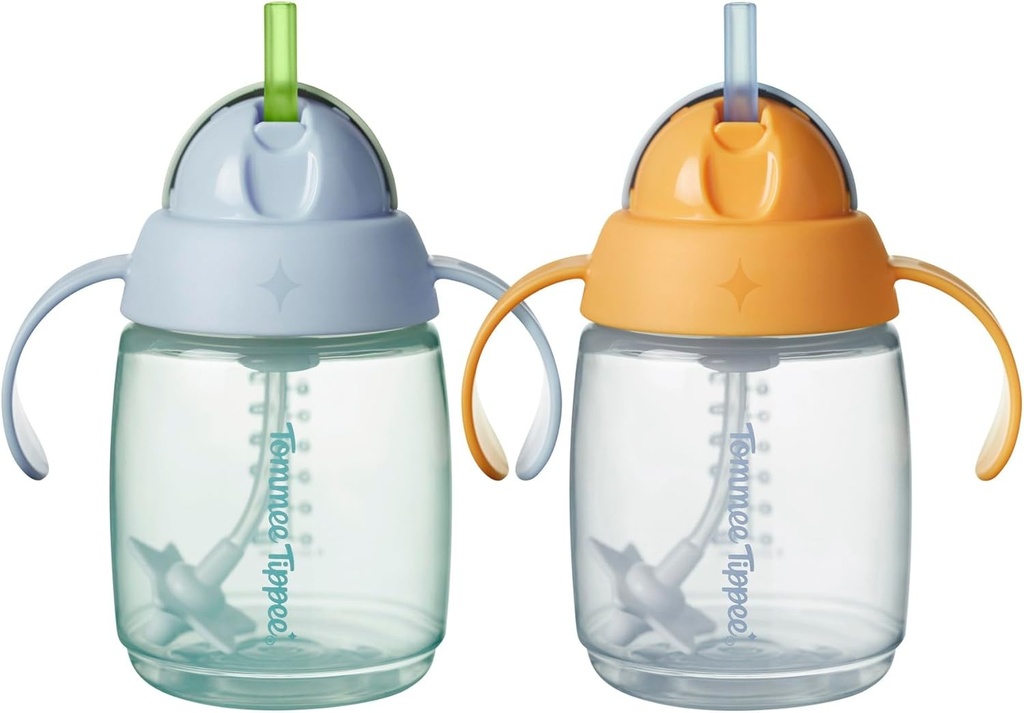 Cana Tommee Tippee Trainer cu pai, 240 ml, cana de tranzitie pentru copii mici de la sase luni, cu pai din silicon ponderat si manere usor de prins, albastra si portocalie, 2 bucati