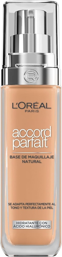 Fond de ten lichid L'Oréal Paris, ten uniform si iluminat, finisaj natural, pentru toate tipurile de ten, formula cu acid hialuronic, Accord Parfait, nuanta: 7D/W Golden Amber