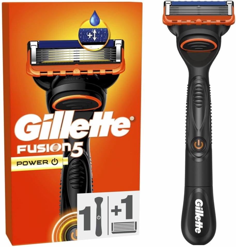 Aparat de ras Gillette Fusion5 Power pentru barbati, maner reutilizabil si cartus cu 5 lame ultra-ascutite, cu banda lubrifianta pentru un barbierit facial mai confortabil, 1 rezerva pentru 20 de barbierituri