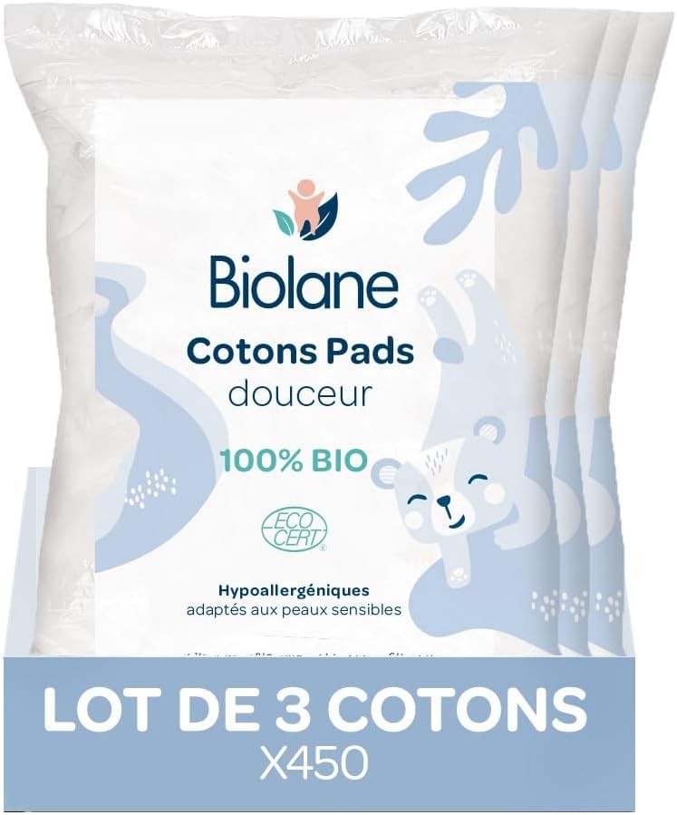 BIOLANE - Pachet de 3 dischete umede din bumbac moale - Bebelusi - 100% organic - 150 de dischete - Piele sensibila - Articole de schimbare a scutecelor si toaleta - De la nastere - Fabricat in Franta