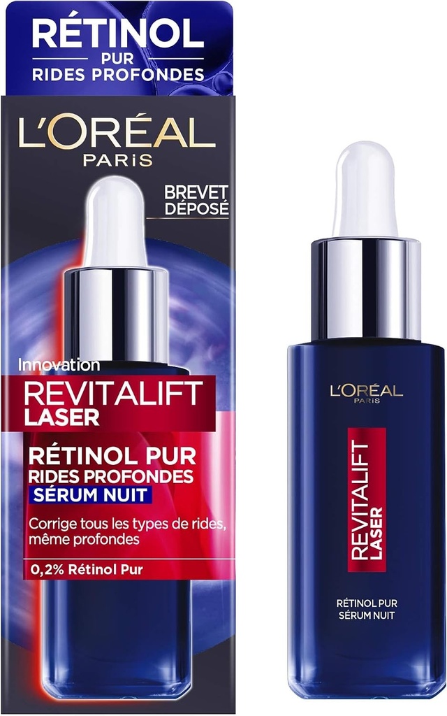 L'Oréal Paris - Ser de noapte antirid cu retinol - Tratament facial anti-imbatranire pentru riduri profunde - Ten ferm si suplu - Toate tipurile de ten - Revitalift Laser - 30 ml