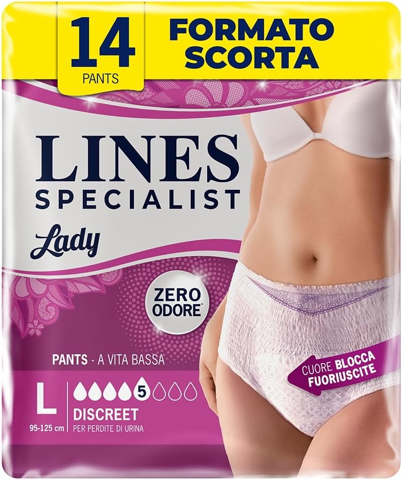 Lines Specialist Lady Pants Discreet, pantaloni absorbanti pentru incontinenta pentru femei, talie joasa, feminini si discreti, fara miros si bariere laterale de protectie, marimea L, 2 pachete a cate 7 unitati