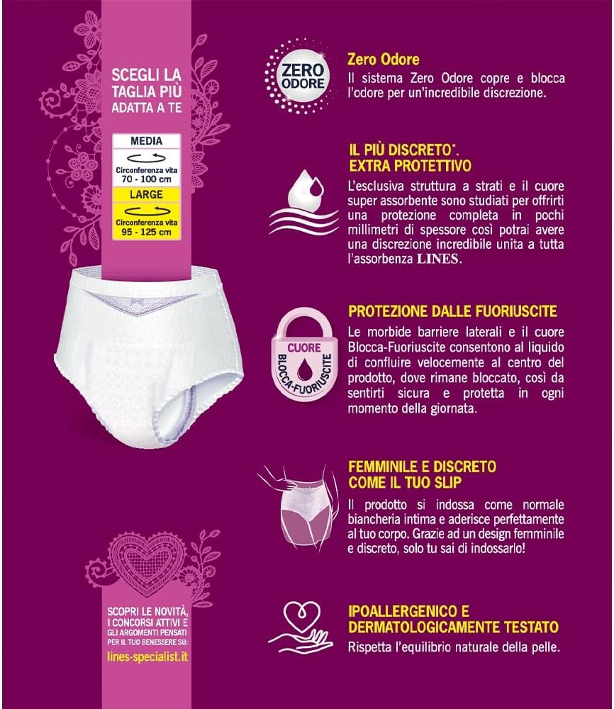 Lines Specialist Lady Pants Discreet, pantaloni absorbanti pentru incontinenta pentru femei, talie joasa, feminini si discreti, fara miros si bariere laterale de protectie, marimea L, 2 pachete a cate 7 unitati