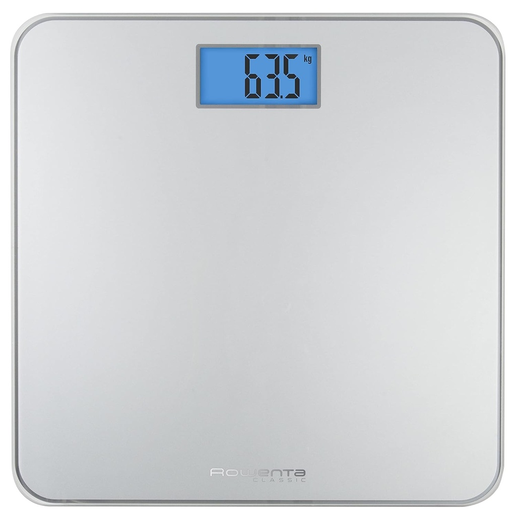 Rowenta Classic BS1500 - Cantar de baie cu afisaj LCD, compact, capacitate 160 kg, platforma din sticla si oprire automata, baterii incluse, argintiu