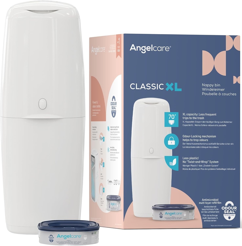 Galeata pentru scutece Angelcare Original Classic XL, consum de folie de 5 ori mai mic, sistem mai ecologic cu 1 caseta de reumplere