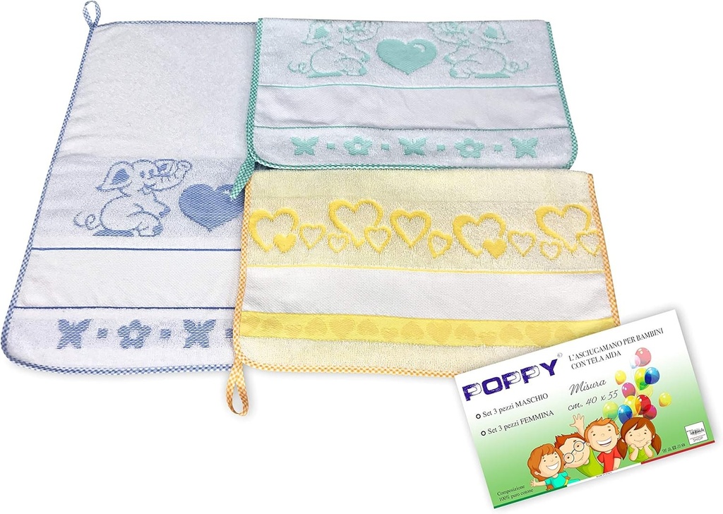 Tex family SET DE 3 PROSOAPE DE BEBELUSA POPPY | 40x55 cm bumbac pur cu broderie AIDA (Set pentru baieti)