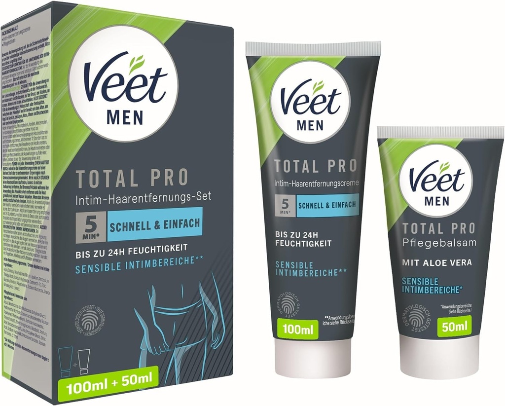 Set depilator Veet Men Intimate Hair Removal - Crema depilatoare pentru zona intima, pentru barbati - tub de 100 ml si balsam de ingrijire de 50 ml