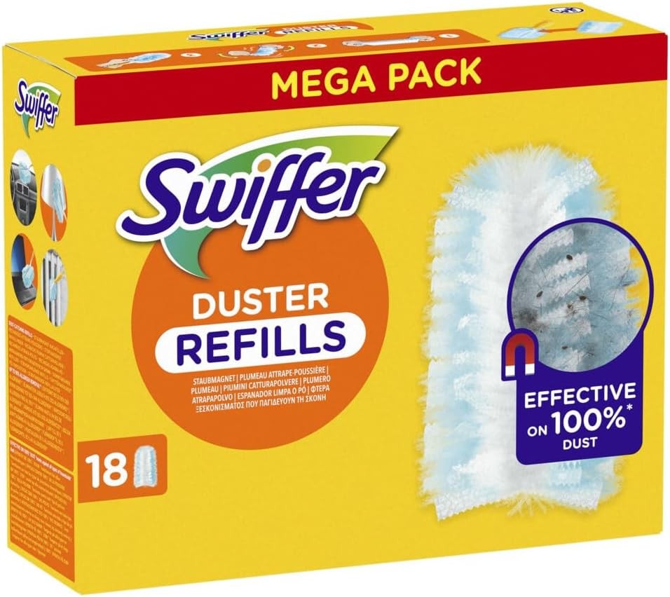 Rezerve pentru praf Swiffer, 18 bucati, capteaza si retine de 3 ori mai mult praf si par decat un praf traditional, eficient impotriva a 100% din praf, maner vandut separat