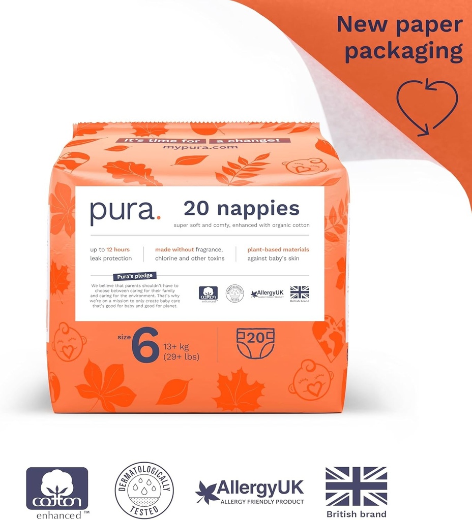 Scutece ecologice Pura, marimea 6 (13 kg+), 1 pachet (20 de scutece), scutece ultra moi pentru piele sensibila, bumbac organic, protectie impotriva scurgerilor de pana la 12 ore