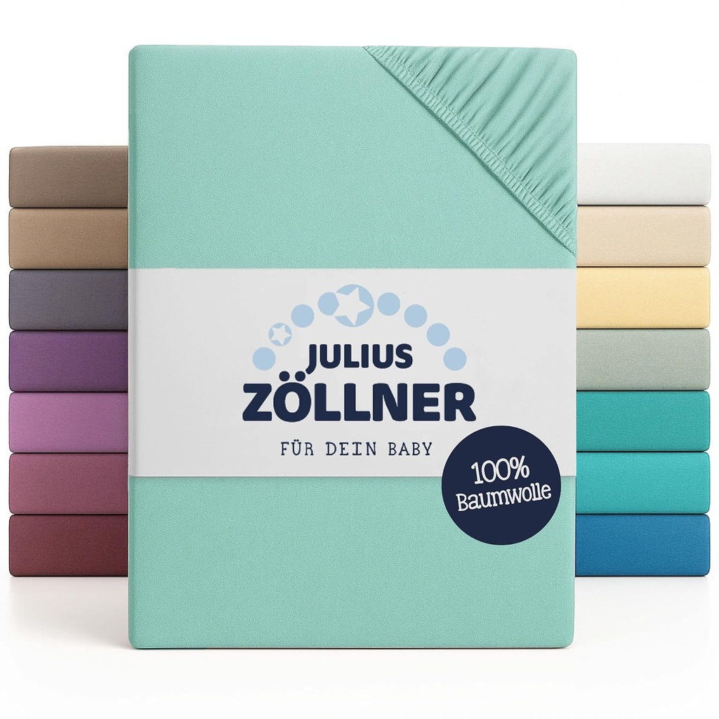 Cearsaf cu elastic Julius Zöllner Jersey pentru pat de bebelusi si copii, 100% bumbac Jersey, certificat OEKO-TEX Standard 100, dimensiune: 60x120cm / 70x140cm, 1 pachet, menta