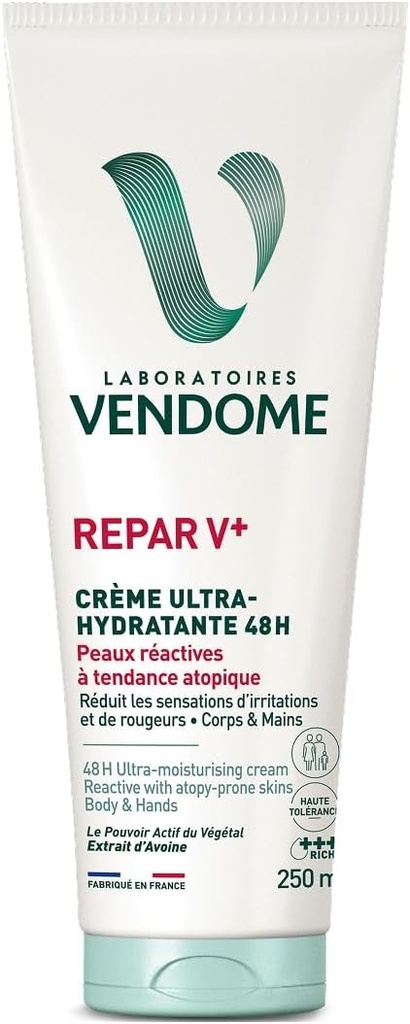LABORATOIRES VENDÔME - REPAR V+ - Crema ultra-hidratanta 48H - Corp si maini - Reduce senzatiile de iritatie/roseata - Imbogatita cu extract de ovaz - Ten reactiv si predispus la atopie - 250ml