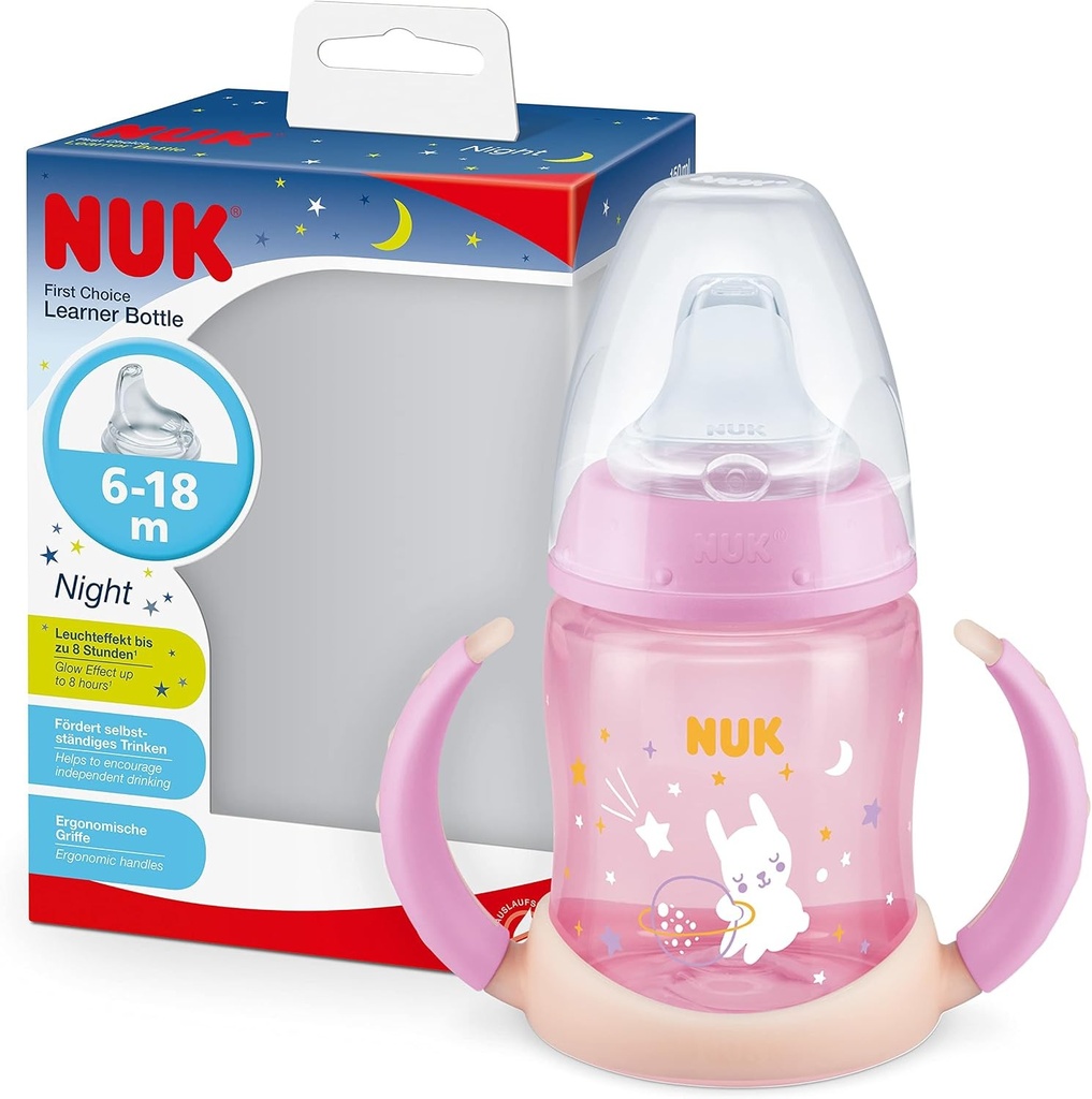 Biberon NUK First Choice cu efect luminos, 6-18 luni, 150 ml, valva anticolici, cioc anti-scurgere, manere ergonomice, fara BPA, iepure (roz), 1 bucata (1 pachet), 10215373