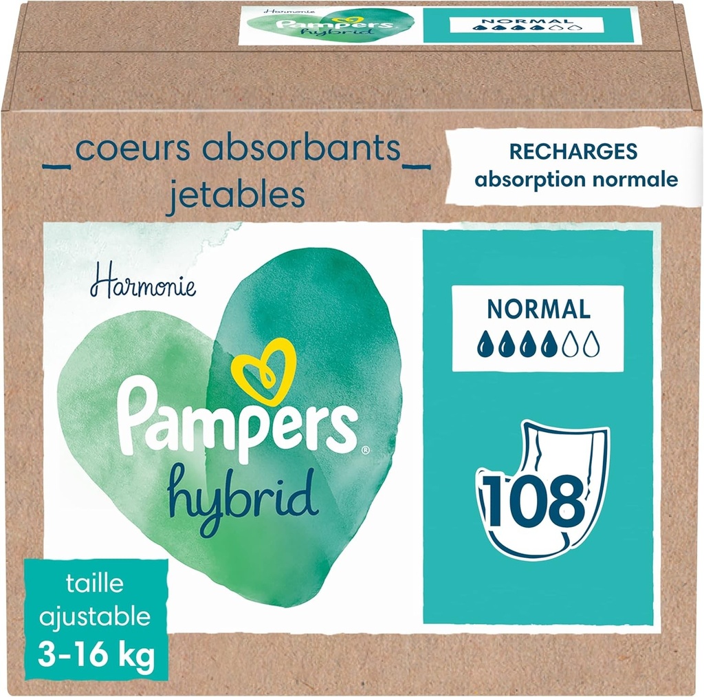 Pampers Harmonie Hybrid, 108 miezuri de protectie de unica folosinta pentru scutece hibride din panza, absorbtie 100%, protejeaza pielea sensibila a bebelusului, ingrediente pe baza de plante si fara parfum