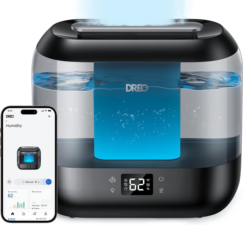 Umidificator inteligent Dreo pentru dormitor, umidificator cu ceata rece super mare de 4L cu difuzor de ulei si lumina de noapte, autonomie de 32 de ore, umidificator cu ultrasunete silentios pentru uz casnic