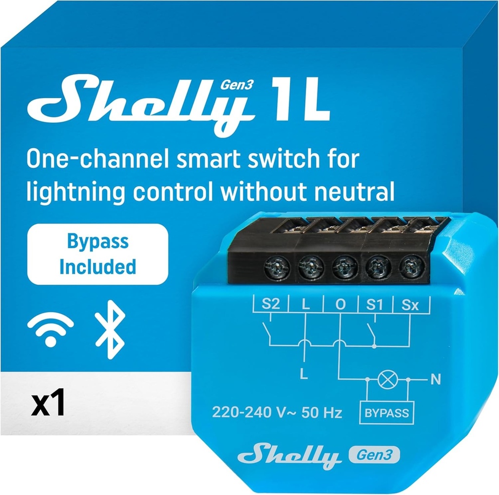Shelly 1L Gen3 cu bypass, comutator inteligent Wi-Fi, 1 canal, compatibil cu Alexa si Google Home, nu necesita hub, telecomanda, nu necesita fir neutru, montare incastrata, controleaza sarcini peste 5 W