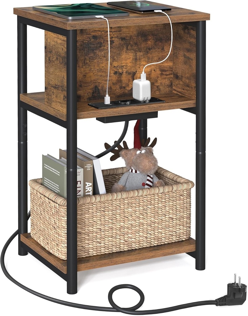 VASAGLE Masuta laterala, Noptiera mica 30 x 34 x 58 cm, pentru living, dormitor, Maro rustic si negru LET375B01