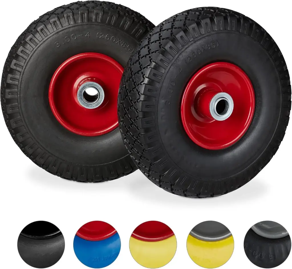 Relaxdays, roata de carucior 2X negru-rosu, anvelope din cauciuc solid antipana, janta de otel 3.00-4", ax 20mm, 100kg, 260x85 mm, 10026069_261