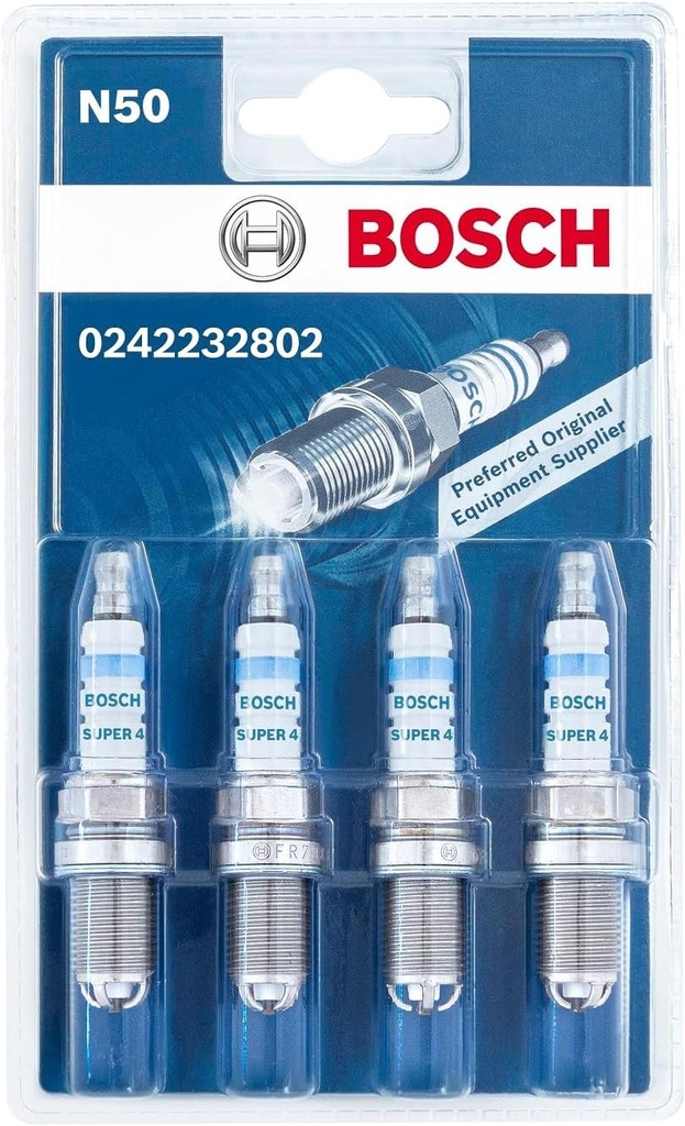 Bujii Bosch Super 4 0242232802 (N50), set de 4 - pentru o pornire la rece fiabila si o durata lunga de viata - cu design robust