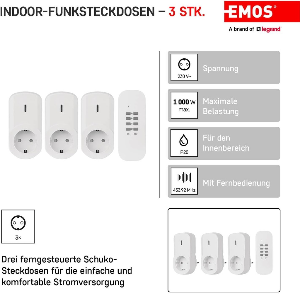 EMOS - Set de 3 prize wireless cu telecomanda - 3 prize Schuko - raza de actiune 25m - 230 V, 4,35 A, 1000 W - IP20 pentru interior - alb