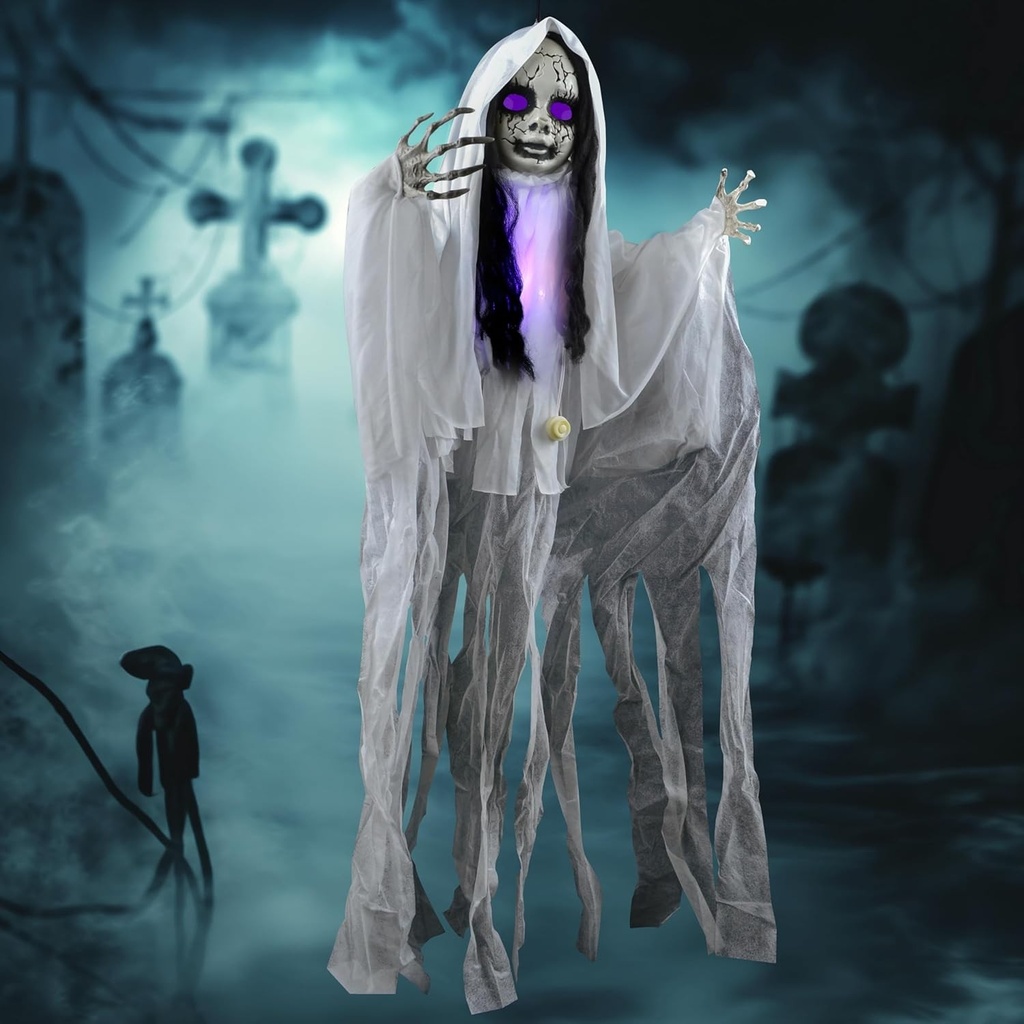 JOYIN 109,2 cm Halloween Fantoma suspendata cu cap luminos - Decoratiune infricosatoare pentru exterior, curte, terasa si casa bantuita