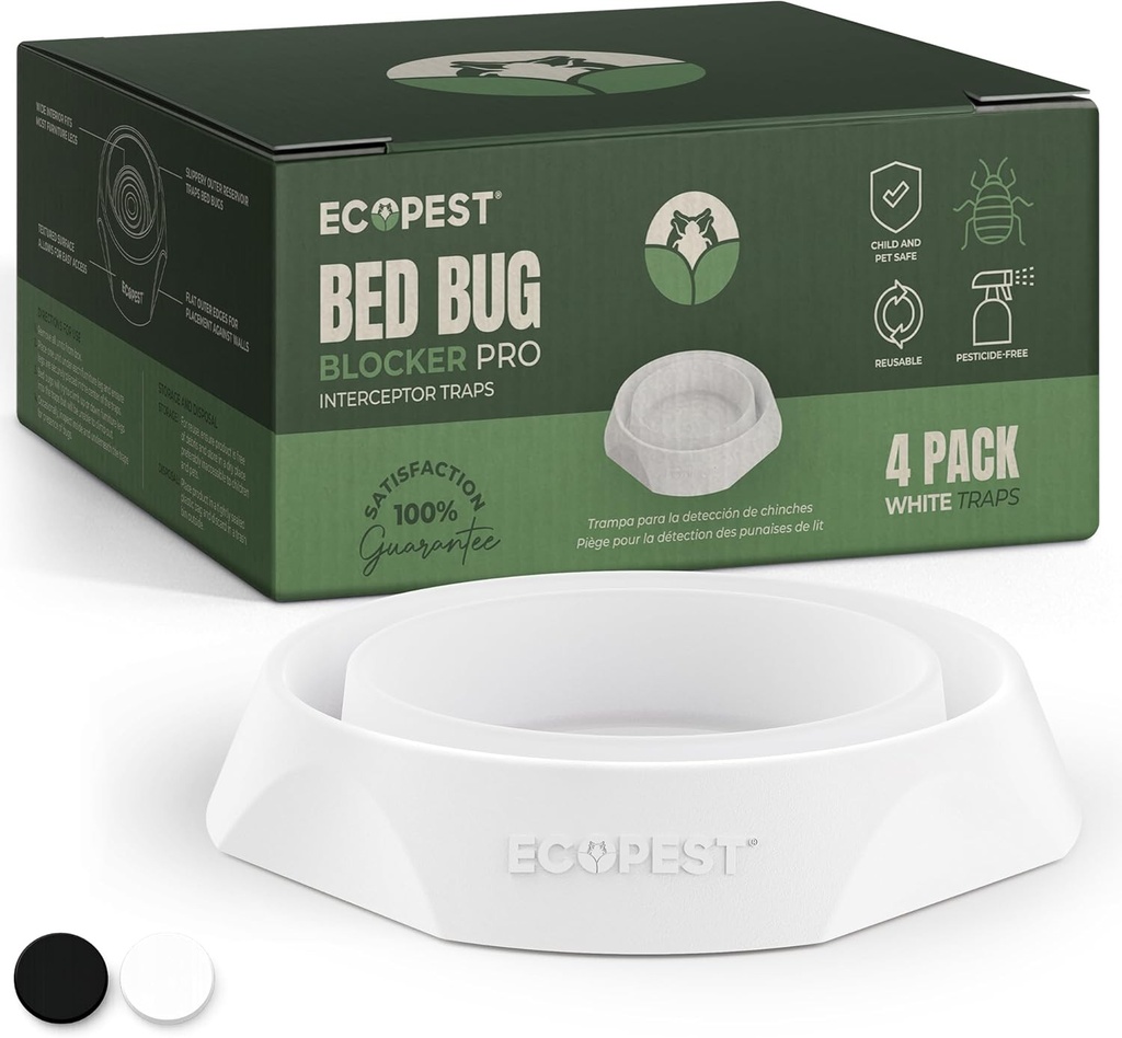 Interceptoare pentru plosnite – Pachet de 4 | Blocator pentru plosnite (Pro) Capcane interceptoare (alb) | Capcana pentru insecte, dispozitiv de control si detector pentru picioare de pat