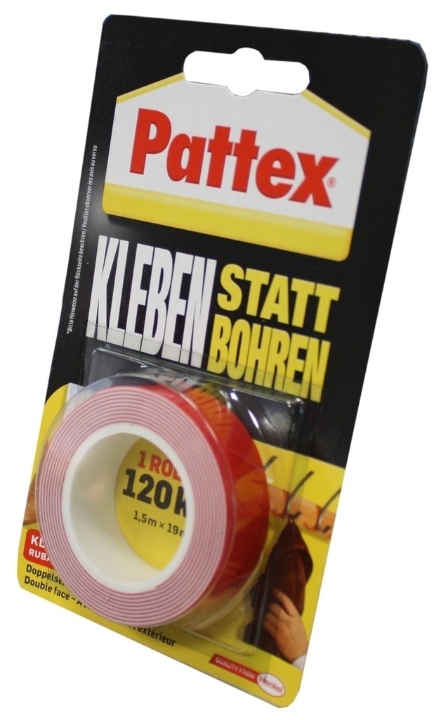 Banda adeziva Pattex „Stick instead of drill”, banda dublu adeziva extra puternica, banda dublu adeziva pentru lucrari de asamblare la interior si exterior, montare pe perete fara gaurire, 19mm x 1.5m