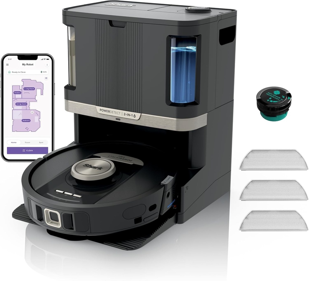 Aspirator robot si mop Shark PowerDetect 2 in 1, auto-golire NeverTouch Pro in 60 de zile, reumplere si curatare automata, navigare 3D/LiDAR, NeverStuck, control prin aplicatie, negru RV2800ZEEU
