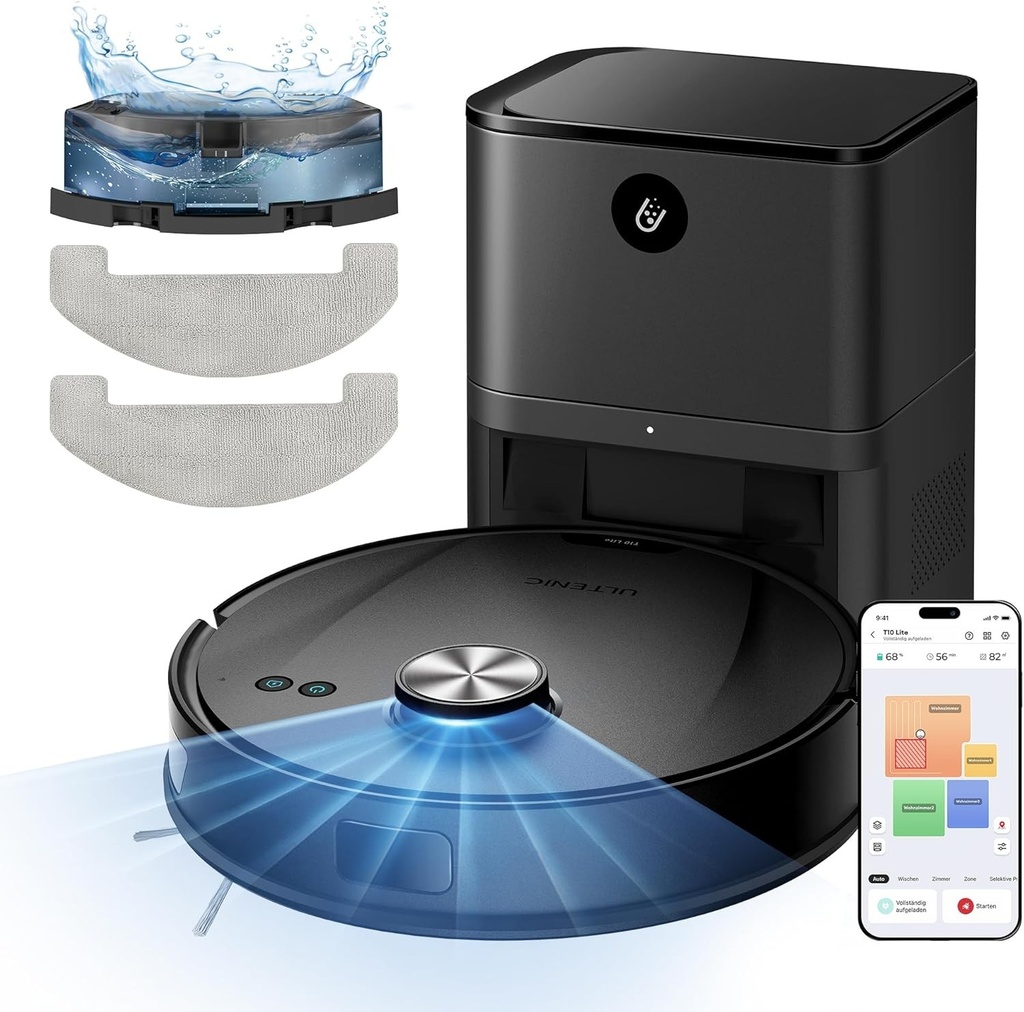 Aspirator robot Ultenic T10 Lite cu functie de stergere, aspirator robot cu statie de autogolire, aspirator robot cu navigare LiDAR, putere de aspirare de 5000 Pa, timp de functionare de 180 de minute, pentru par de animale, covoare, podele dure