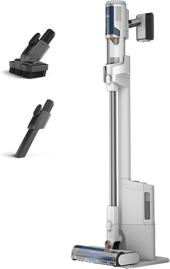 Aspirator fara fir Shark Clean and Empty, golire automata, aspirator anti-incurcare cu accesorii pentru animale de companie si duza pentru spatii inguste, autonomie de 40 de minute, statie de incarcare, alb/albastru, BU3521EU