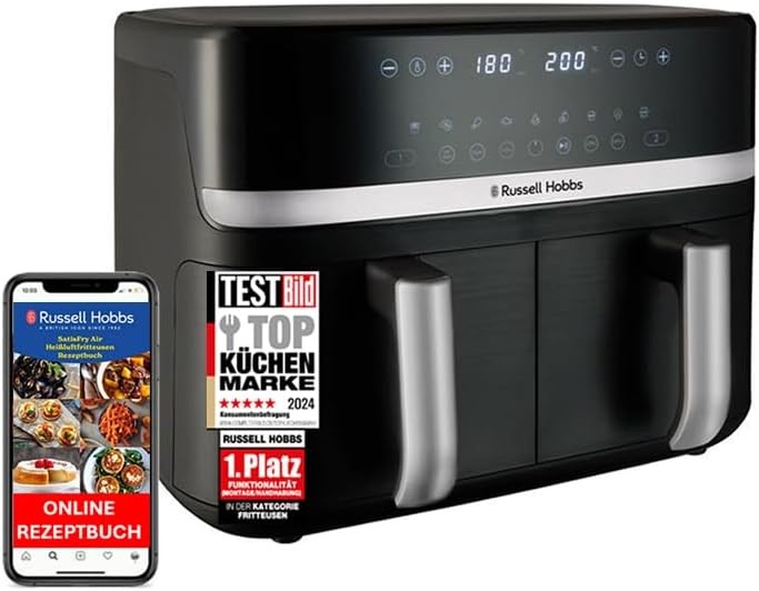 Friteuza Russell Hobbs Rapid AirFryer cu 2 compartimente, 9L [2 compartimente, 4,5L fiecare, functionare foarte silentioasa, 9 programe] Friteuza SatisFry (potrivita pentru masina de spalat vase, functie Match & Synchronize) 27681-56